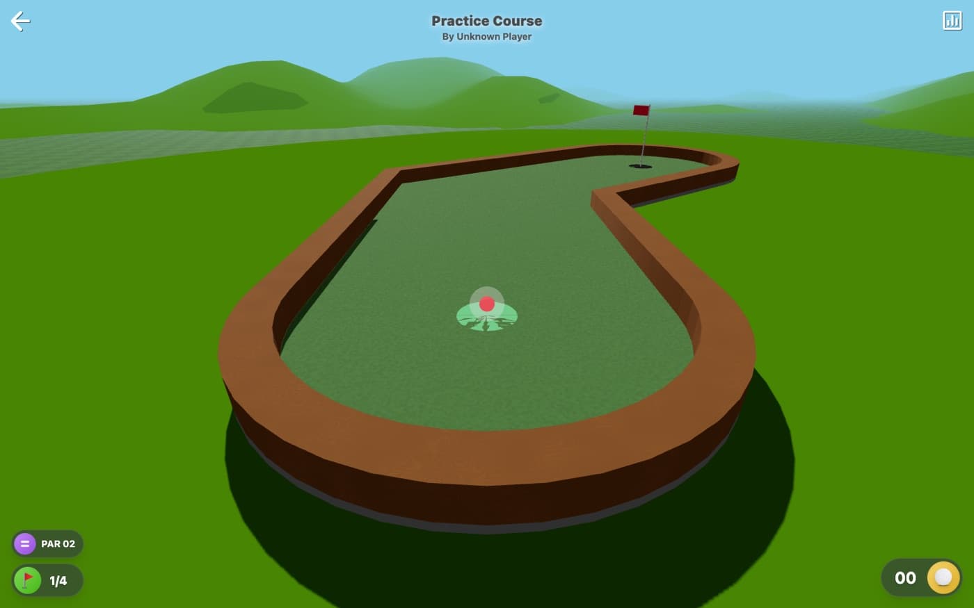 A 3D mini golf hole with a curved fairway and a red flag